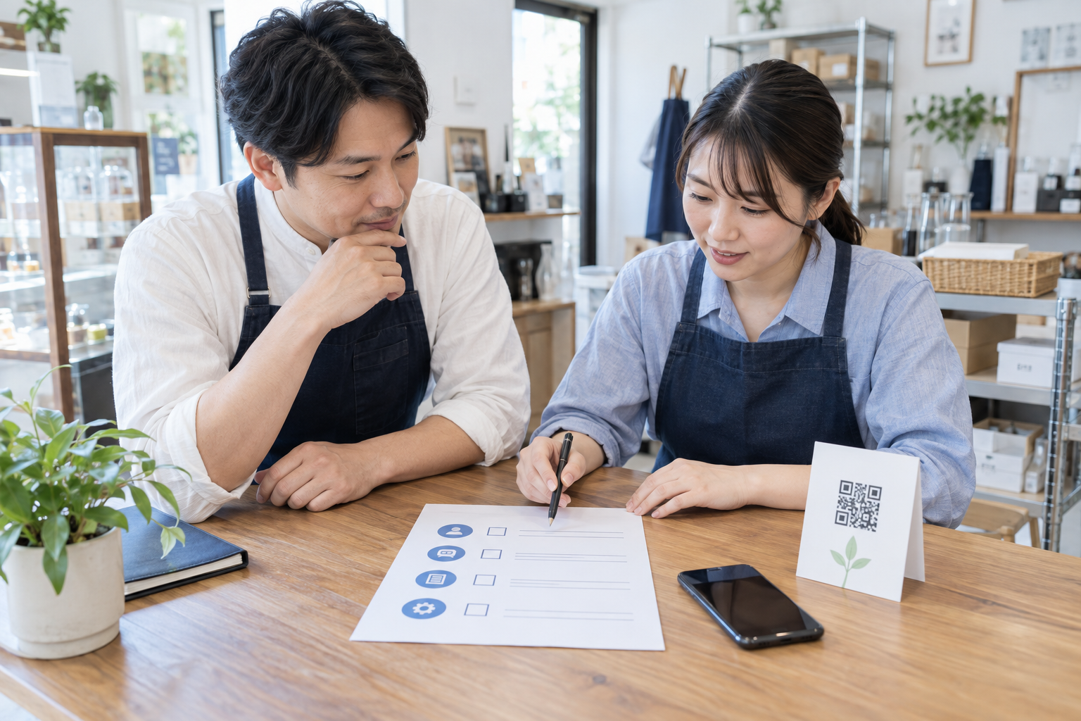 口コミ依頼のルールと社内運用を確認する店舗スタッフ